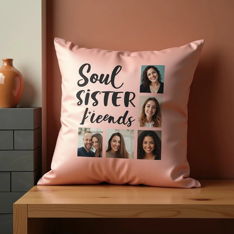 Soul Sisters Script Best Friends Photo Collage Customized Photo Printed Cushion - Masterplayer Designs & Printing
