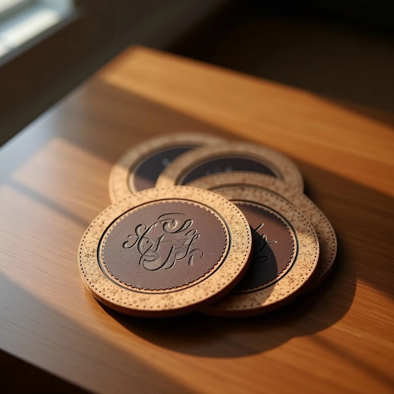 Classy Faux Leather Pattern Monogram Design Customized Photo Printed Circle Tea & Coffee Coasters - Masterplayer Designs & Printing
