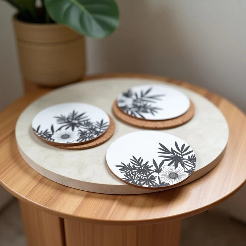 White Black Simple Floral Design Customized Photo Printed Circle Tea & Coffee Coasters - Masterplayer Designs & Printing